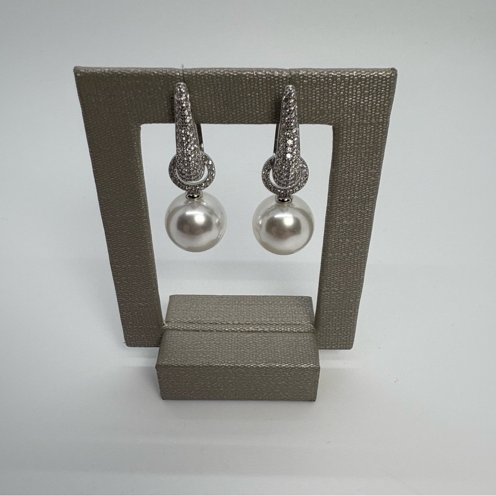 Big Faux Pearl Drop LeverBack Pave Cubic Zirconia Earrings in Silver Tone